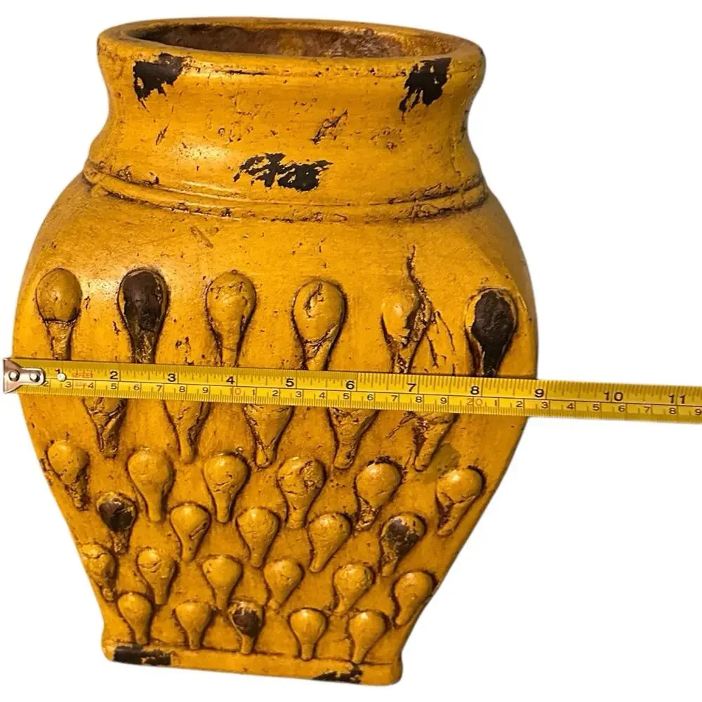 Mid Century Italian Yellow-Gold Distressed Ceramic Pottery 14” Tall Vase Rustic
